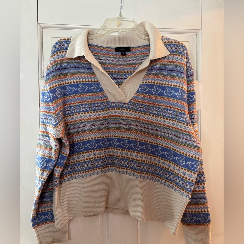 J Crew women’s XL fair isle dove print v-neck sweater